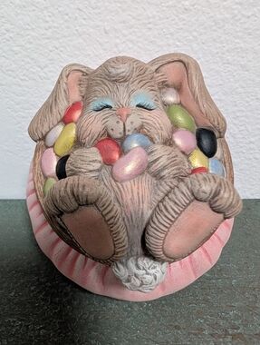 Vintage Dona's Molds Inc Easter Bunny Rabbit w/ Eggs Trinket Jar Box Candy Dish